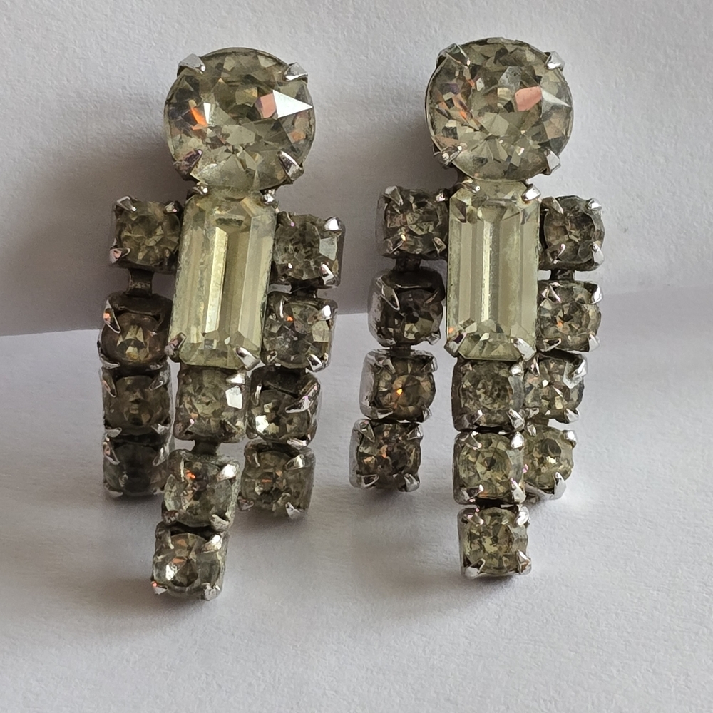 Vintage earrings Sparkly rhinestones old Hollywood glam prom black tie formal - Picture 2 of 11